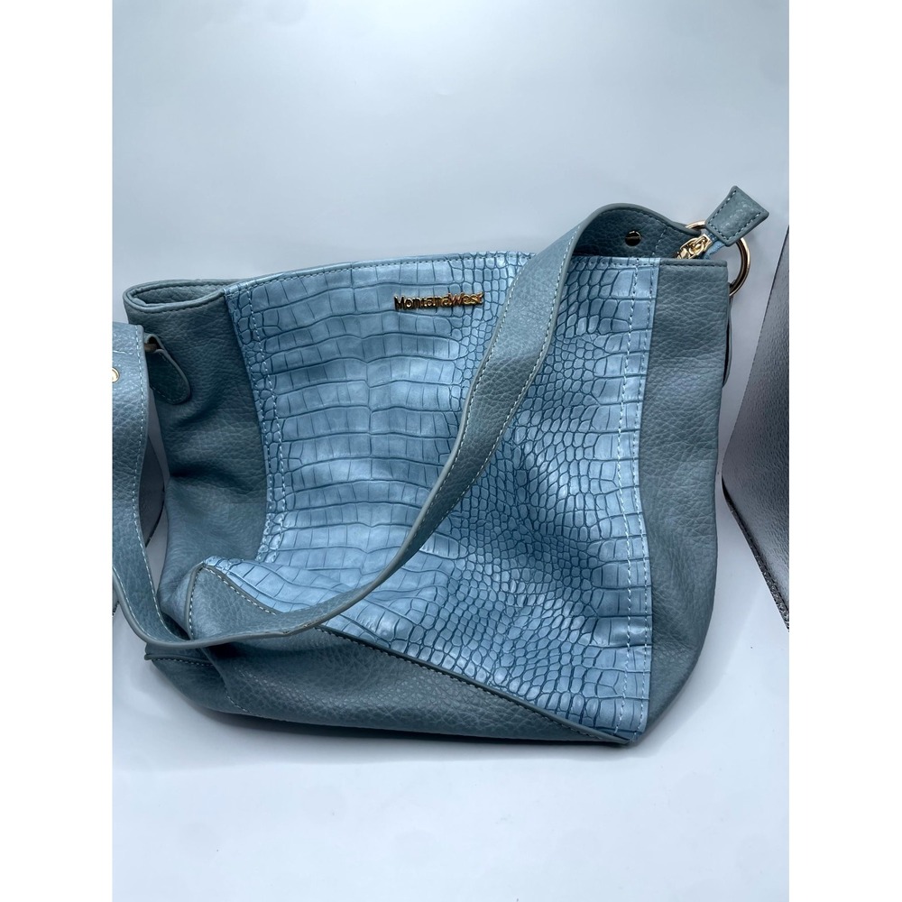 Montana West Handbag Womens Two Tone Steel Blue Logo Crocodile Embossed Leather
